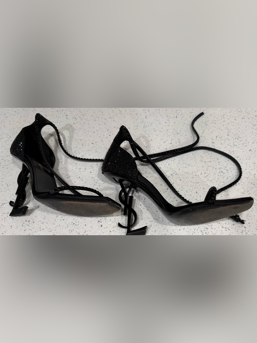 Saint Laurent Opyum Crystal-Embellished Ankle Strap Sandals Black Strappy Heels